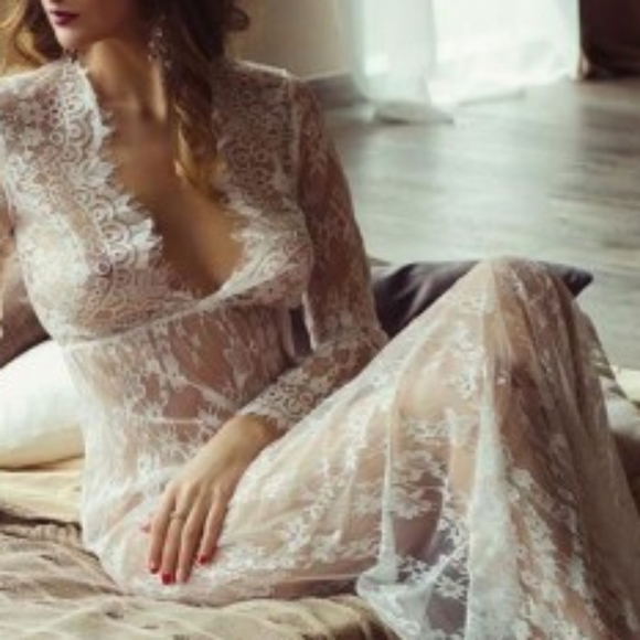 Sexy White Lace Maxi Dress Empire Waist Sheer Full Length Gown Long Lingerie New - Picture 2 of 12